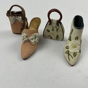 Vintage Miniature Ceramic 3” Shoe And Purse High Heels Floral Lot Of 2